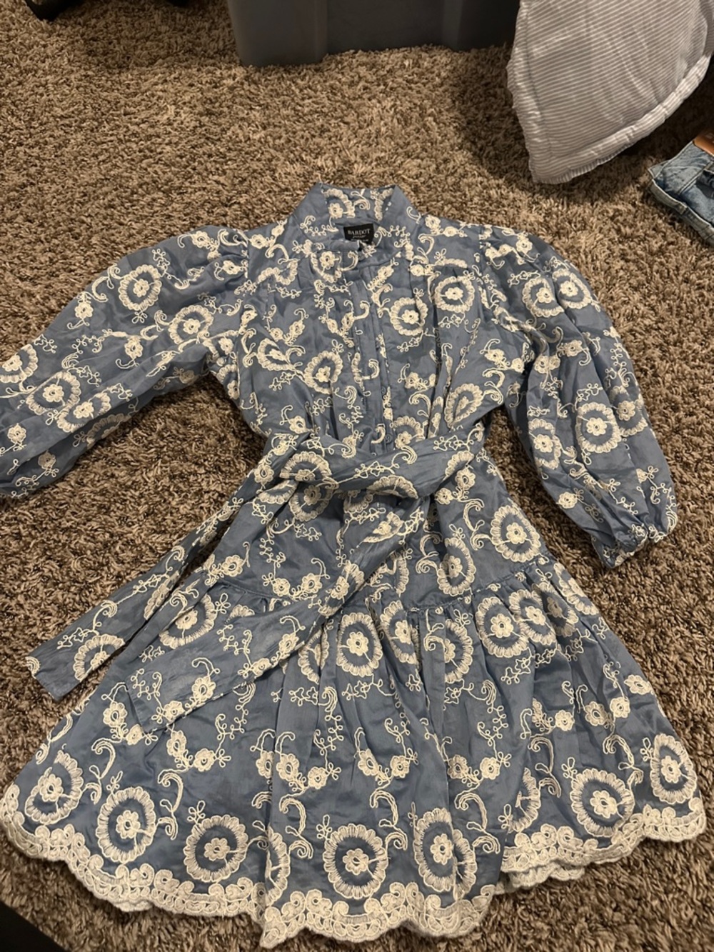 Bardot Blue Dress with Cream Floral Eyelet Embroidery